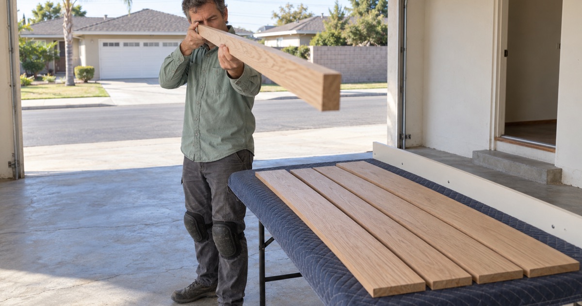 Worker sighting along a red oak board for straightness in the garage of a Carson job site.