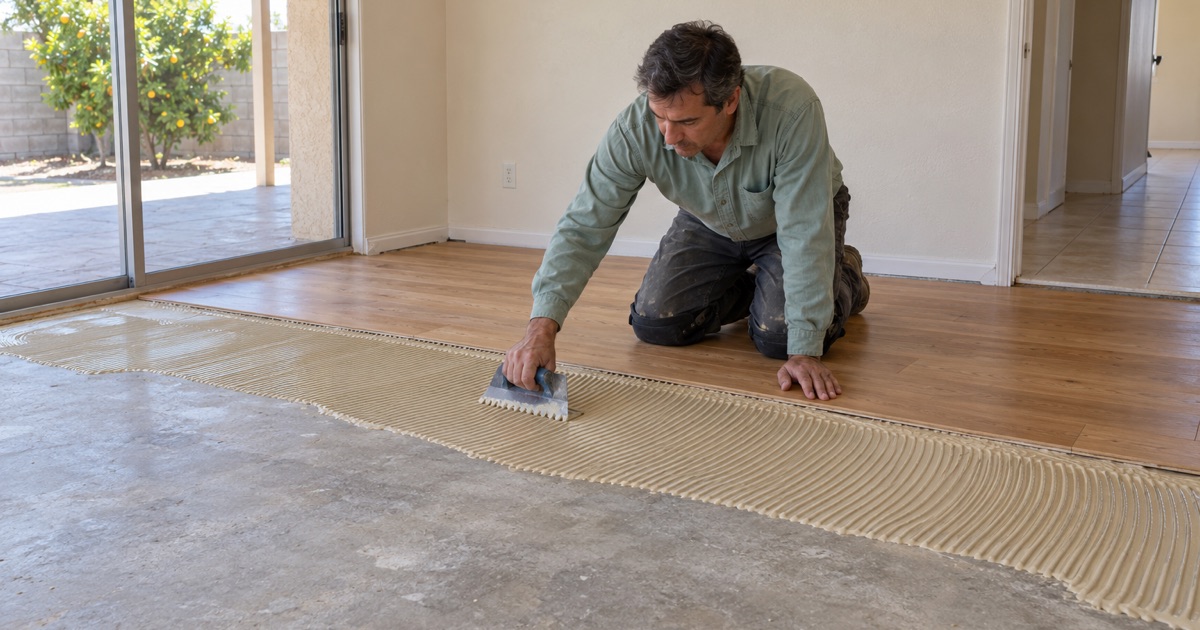 Worker troweling adhesive onto a concrete floor before laying engineered hardwood planks in a Carson home.
