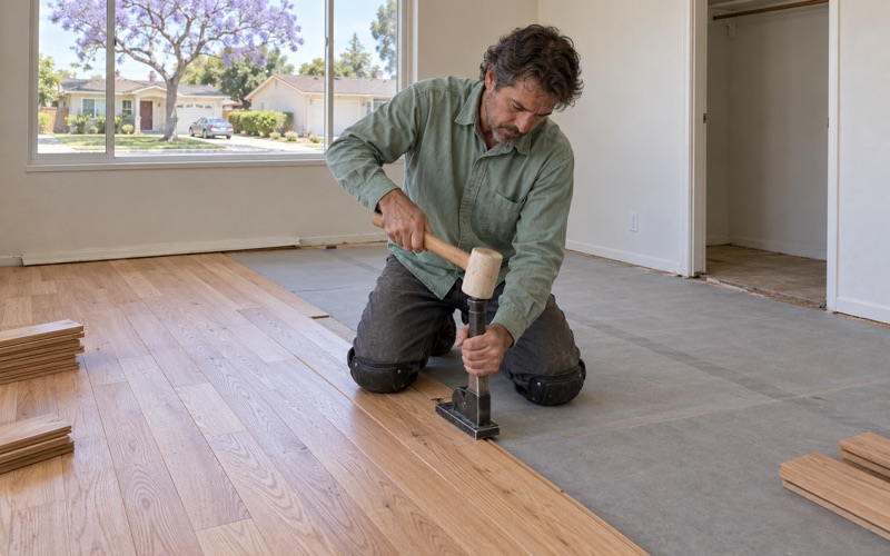 Worker seating a flooring nailer on the tongue of a new red oak board in a Carson bedroom.