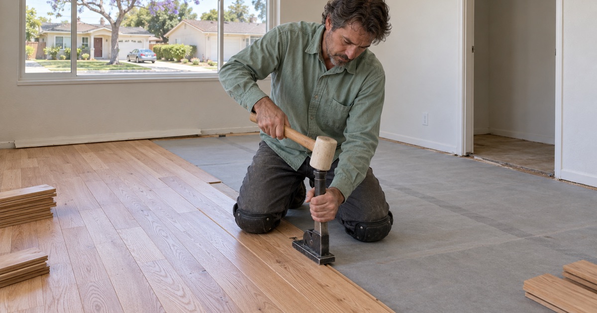 Worker seating a flooring nailer on the tongue of a new red oak board in a Carson bedroom.