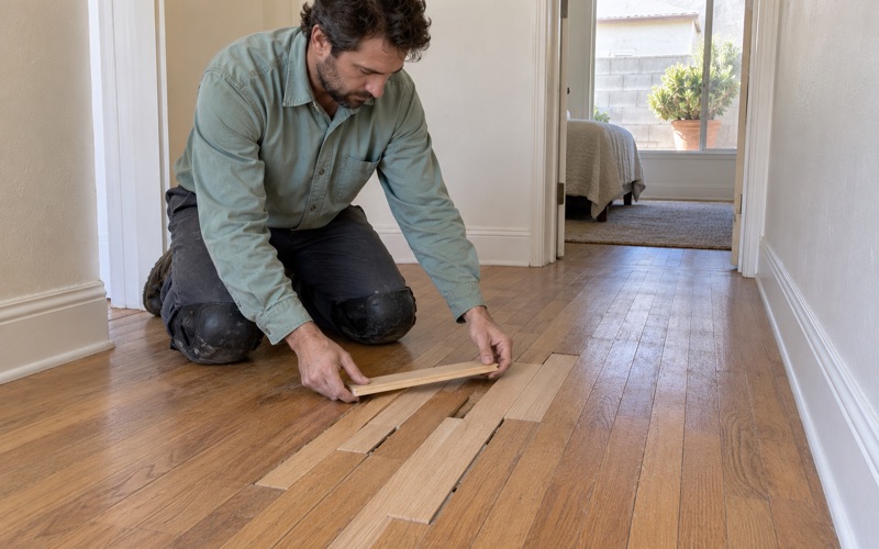 Worker tapping a replacement oak strip into a laced-in repair with staggered joints in a Carson hallway.
