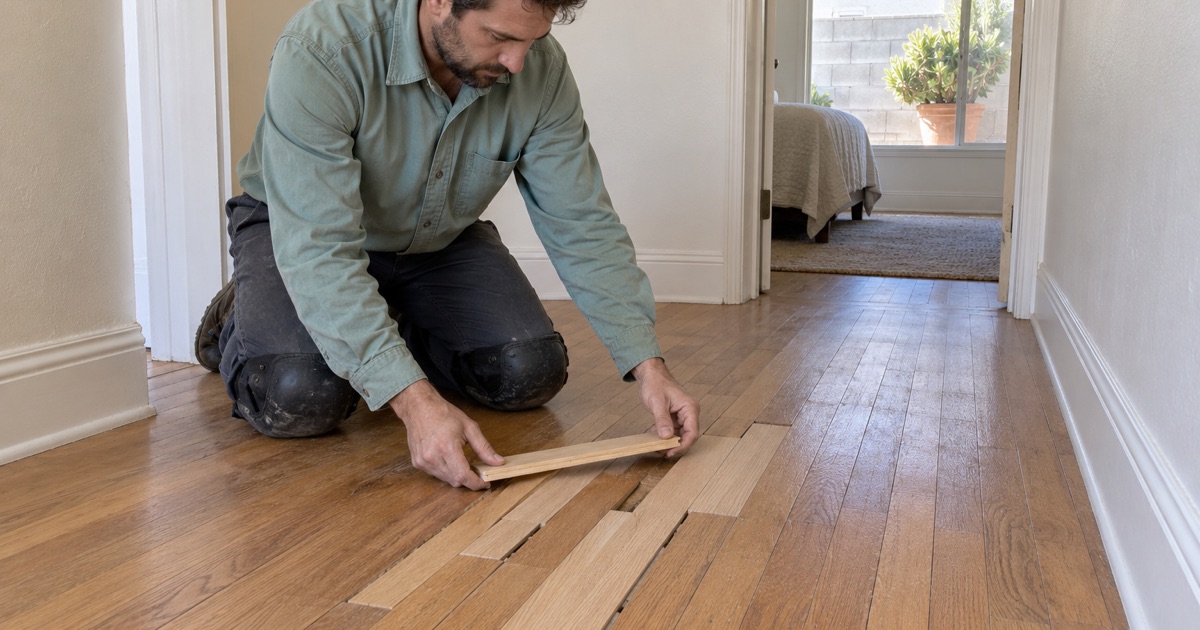 Worker tapping a replacement oak strip into a laced-in repair with staggered joints in a Carson hallway.