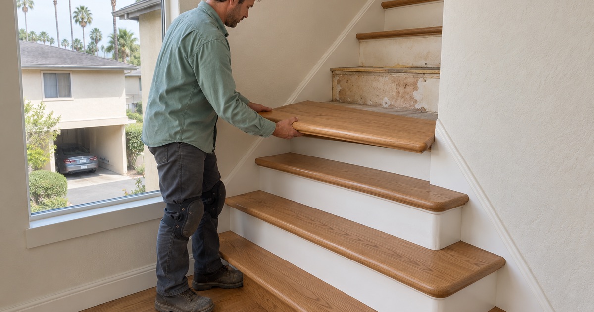 Worker lowering a new oak stair tread with a bullnose edge onto its step in a Carson townhouse.