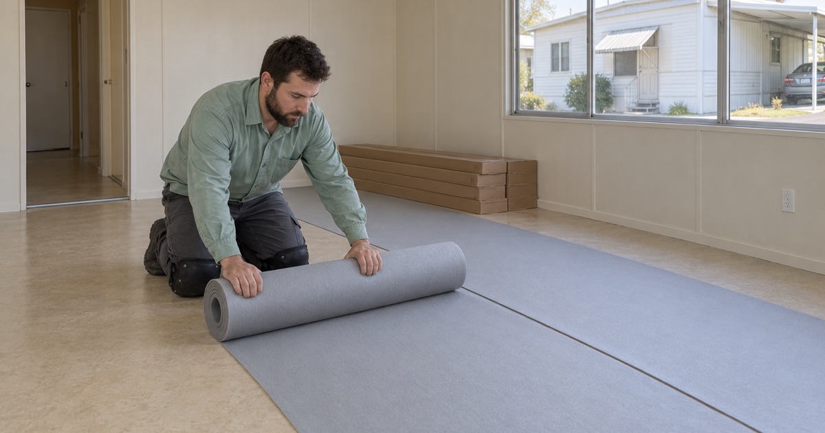 Worker unrolling foam underlayment over the existing floor of a mobile home living room in Carson.