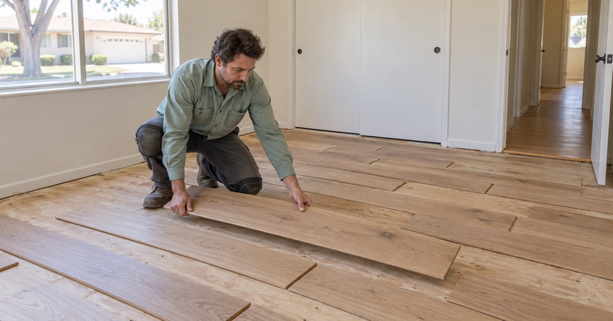 Worker laying out loose white oak planks across a bare room before installing a new wood floor in Carson.