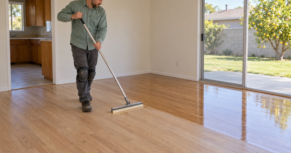 Worker walking backward while spreading clear finish across sanded red oak in a Carson dining room.