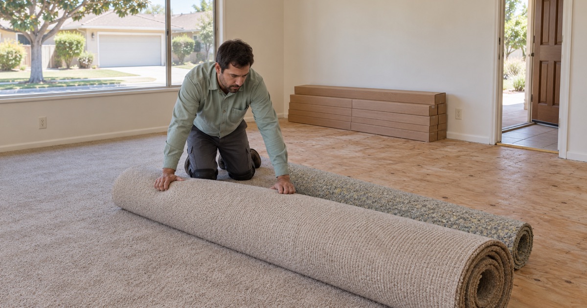 Worker rolling up old carpet in a Carson tract house living room as new oak flooring waits against the wall.