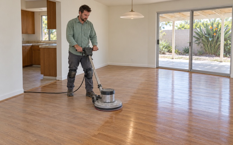 Worker guiding a buffer with a screening pad across a sound oak floor before a recoat in Carson.