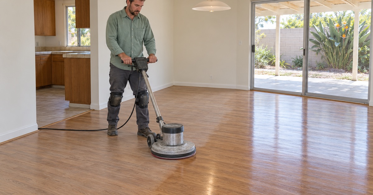 Worker guiding a buffer with a screening pad across a sound oak floor before a recoat in Carson.