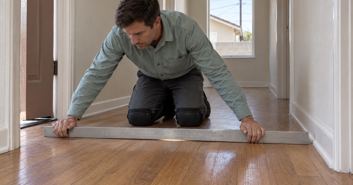 Worker holding a long straightedge across a dip in the oak floor at a hallway doorway in a Carson house.