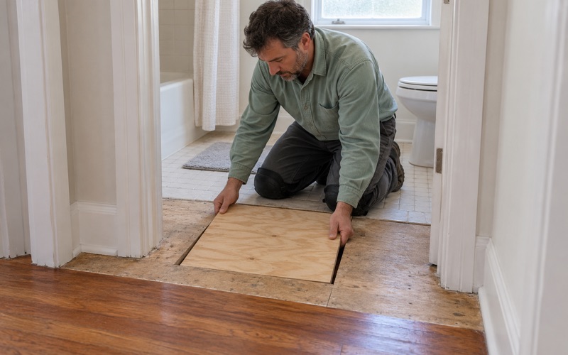 Worker lowering a new plywood panel into a cut-out section of subfloor before the finish floor goes back in Carson.