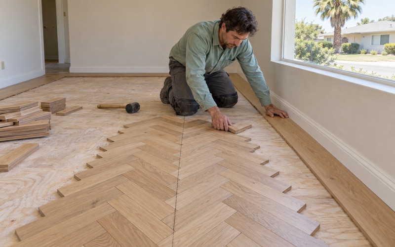 Worker setting a white oak herringbone block against its centerline inside a wide-plank border in Carson.