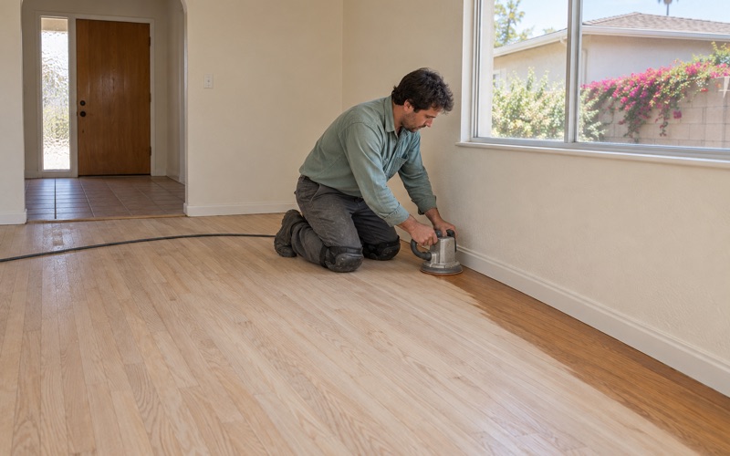 Worker running an edger along the baseboard to sand oak strips at the wall of a Carson living room.