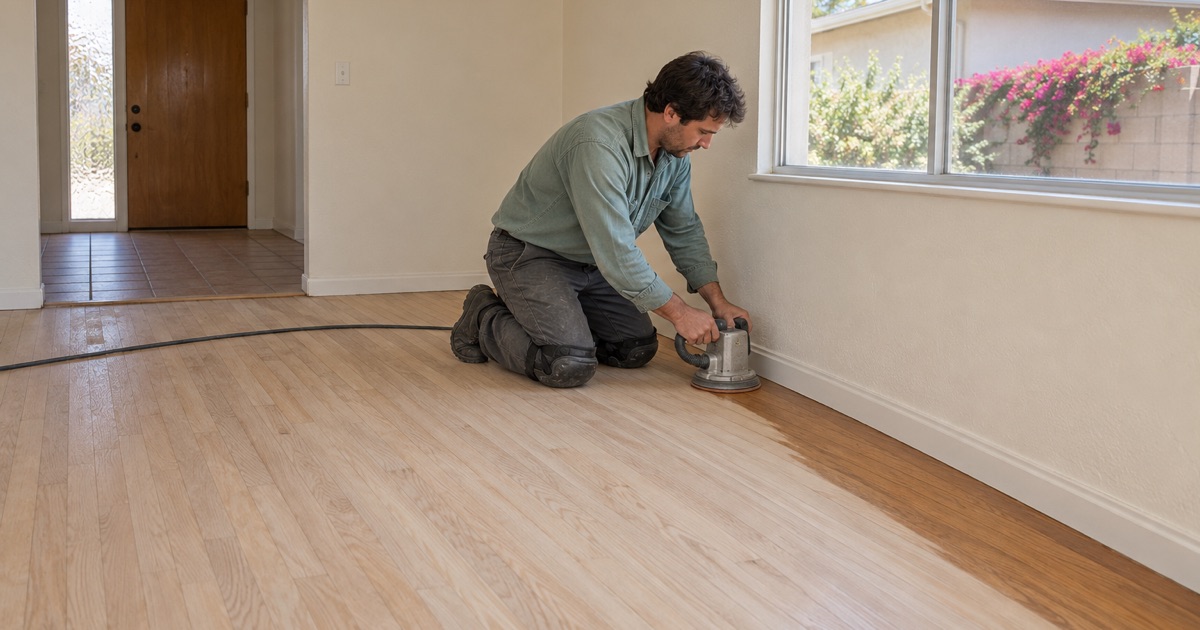 Worker running an edger along the baseboard to sand oak strips at the wall of a Carson living room.