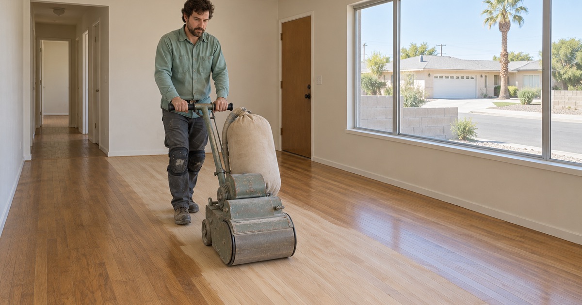 Worker guiding a drum sander along the red oak strip floor of a 1960s single-story tract house in Carson.